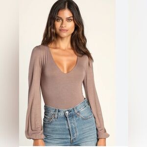 Lulu's Taupe Long Sleeve Bodysuit